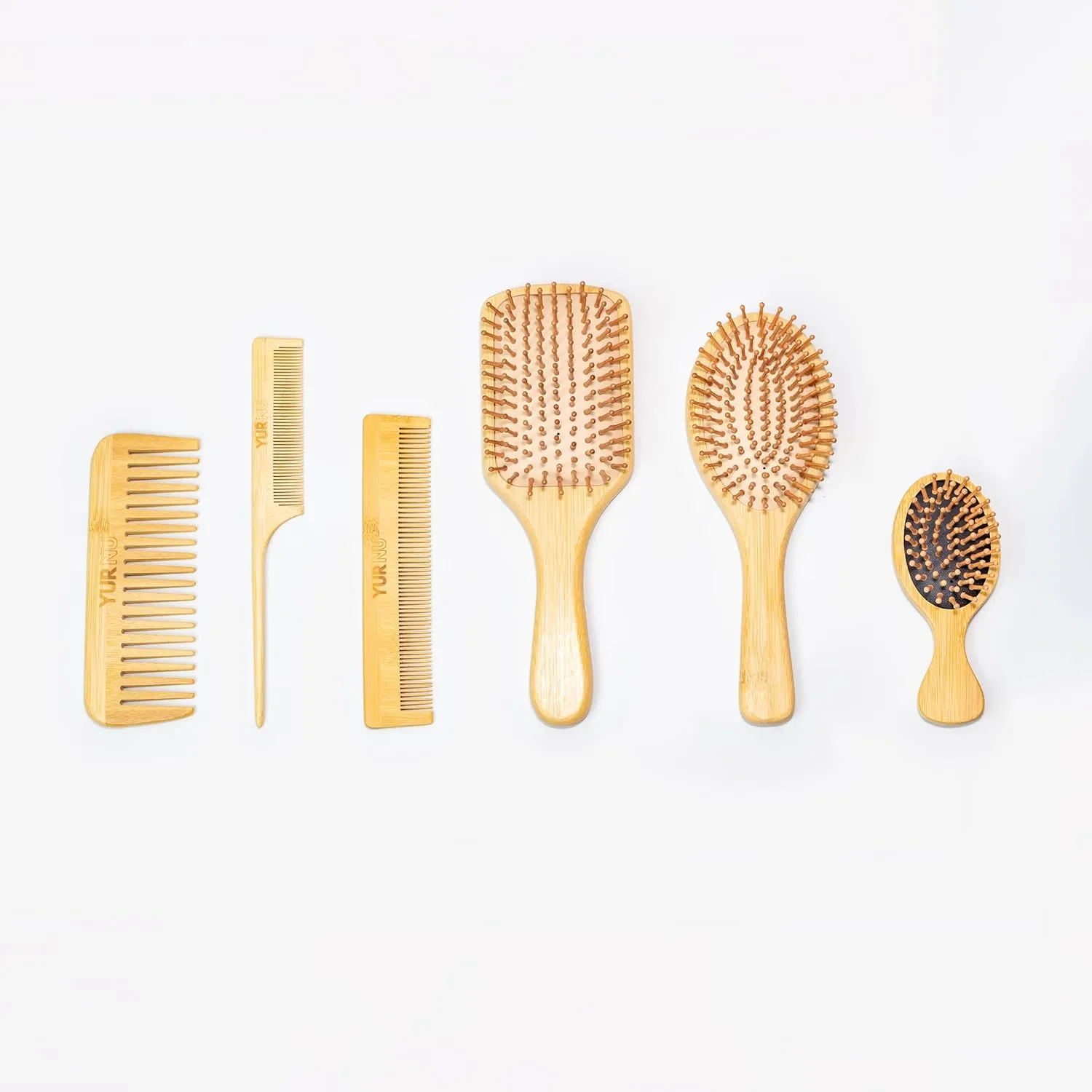 6-Piece Bamboo Hair Brush Set – Eco-Friendly Wooden Hairbrushes & Combs for Men, Women & Kids – Includes Paddle Brush, Oval Brush, Tail Comb, Wide-Tooth Comb – Natural, Anti-Frizz, Scalp Massage