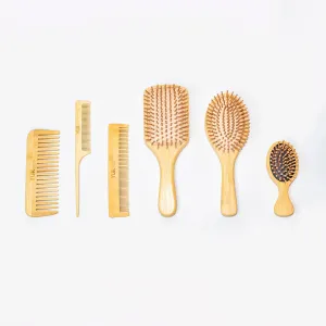 6-Piece Bamboo Hair Brush Set – Eco-Friendly Wooden Hairbrushes & Combs for Men, Women & Kids – Includes Paddle Brush, Oval Brush, Tail Comb, Wide-Tooth Comb – Natural, Anti-Frizz, Scalp Massage