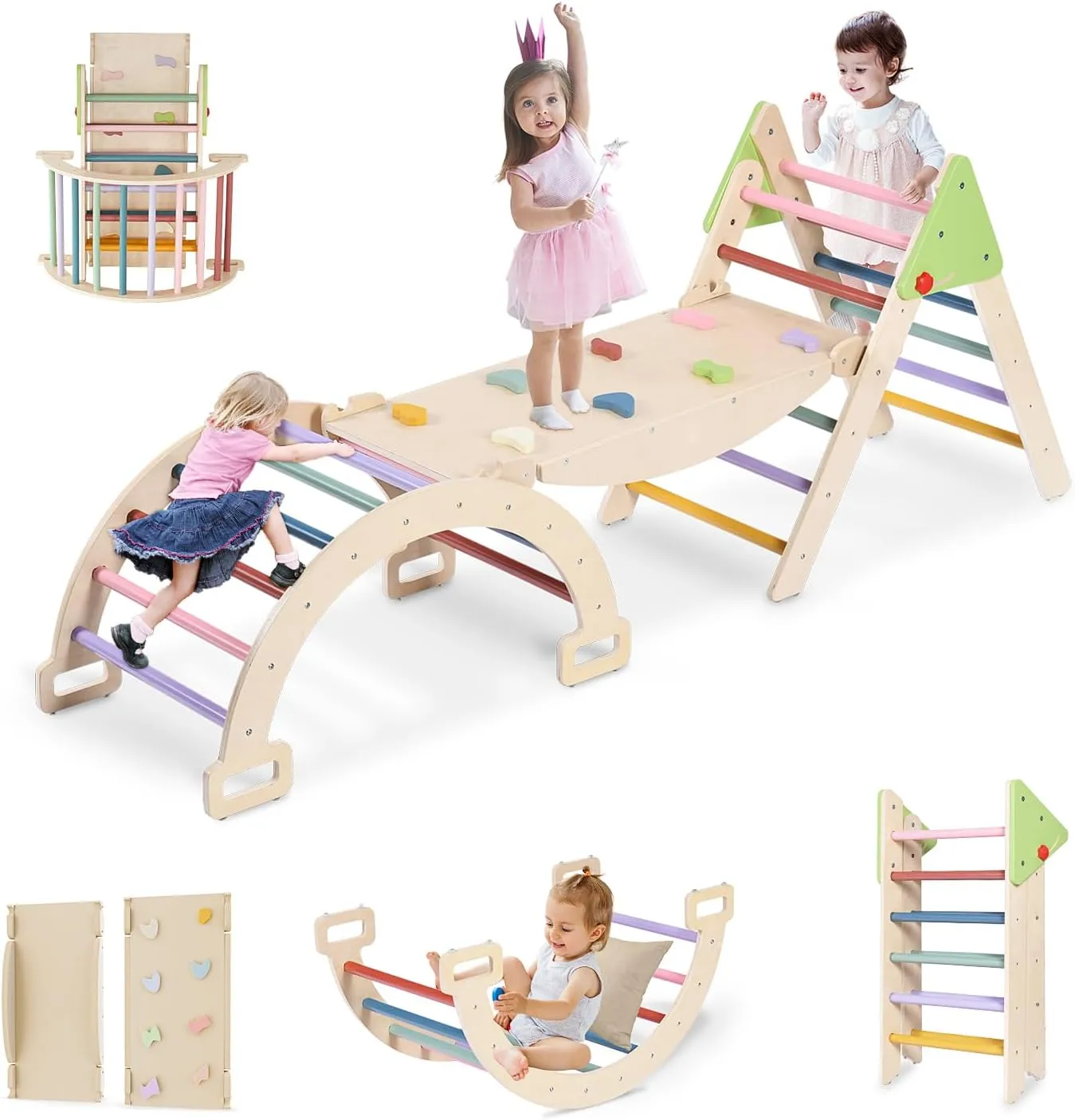 7 in 1 Wooden Pikler Triangle Set, Foldable Indoor Toddler Climbing Toys, Montessori Climbing Set for Children with Arch, Ramp, Ladder, Jungle Gyms for Kids, Baby Sensory Toys