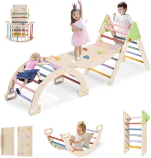 7 in 1 Wooden Pikler Triangle Set, Foldable Indoor Toddler Climbing Toys, Montessori Climbing Set for Children with Arch, Ramp, Ladder, Jungle Gyms for Kids, Baby Sensory Toys
