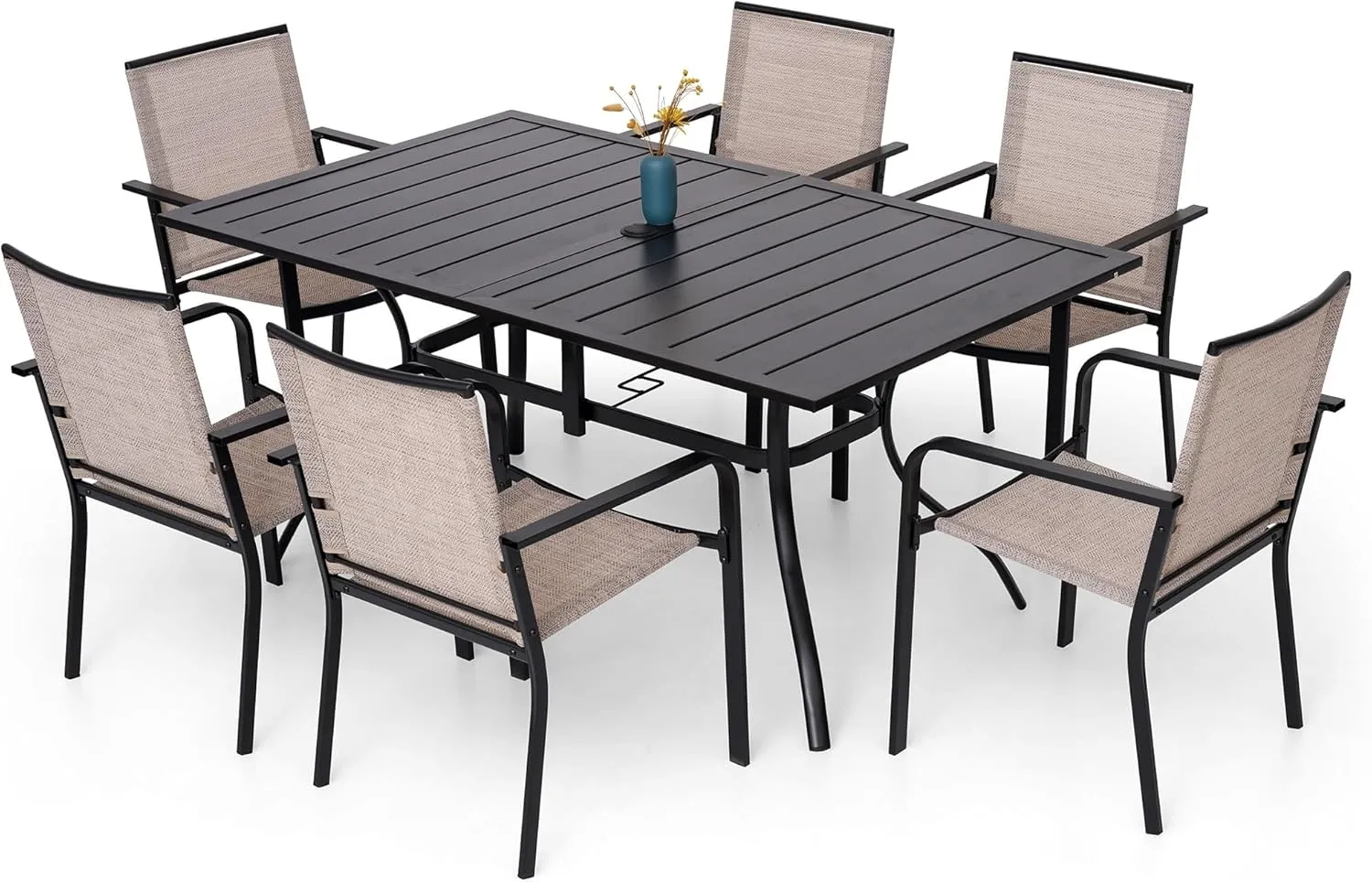 7-Piece Outdoor Dining Set, Patio Powder Coated Steel Table with 6 Stackable Chairs, Gray Textilene, 63 x 38 Inch Table White
