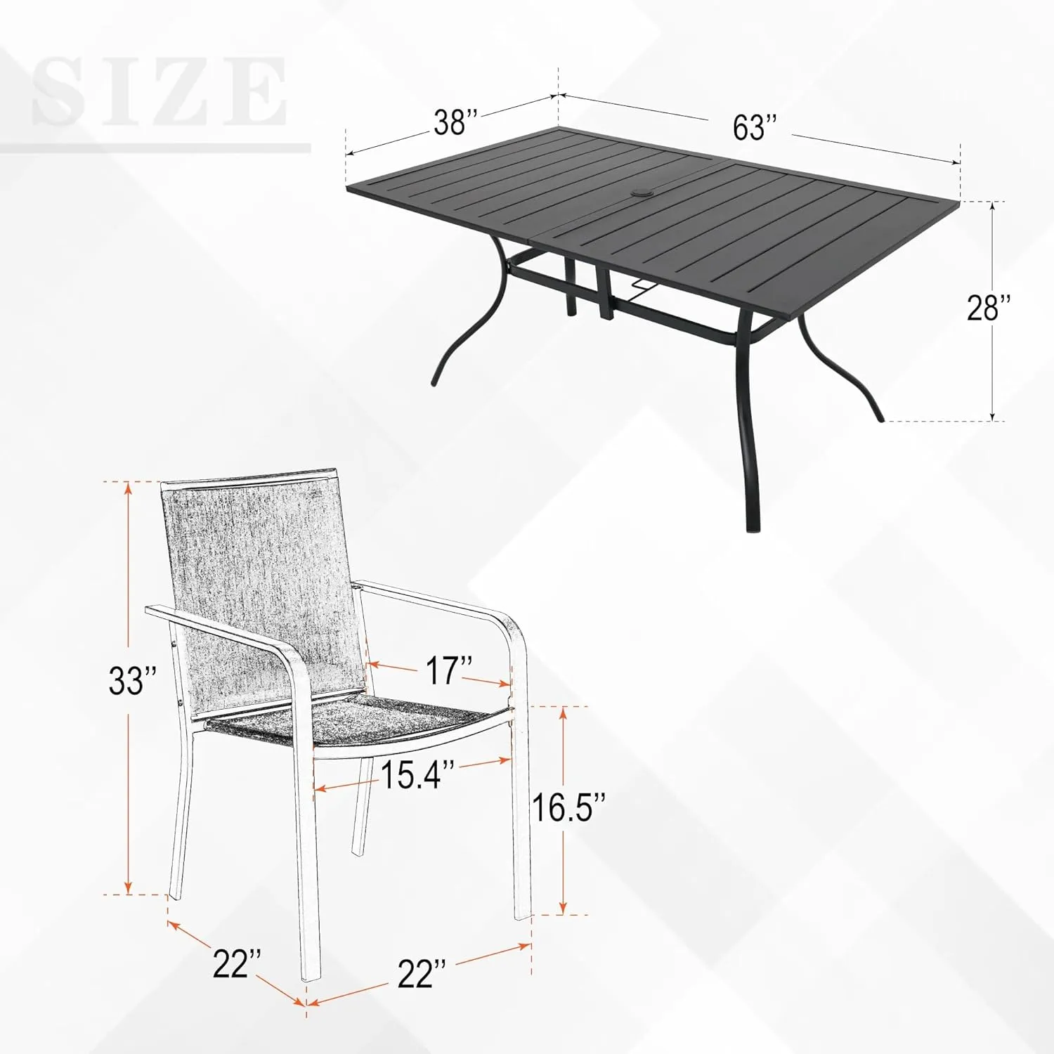 7-Piece Outdoor Dining Set, Patio Powder Coated Steel Table with 6 Stackable Chairs, Gray Textilene, 63 x 38 Inch Table White