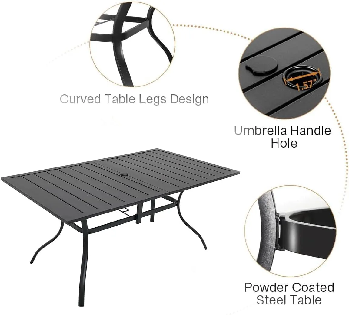 7-Piece Outdoor Dining Set, Patio Powder Coated Steel Table with 6 Stackable Chairs, Gray Textilene, 63 x 38 Inch Table White