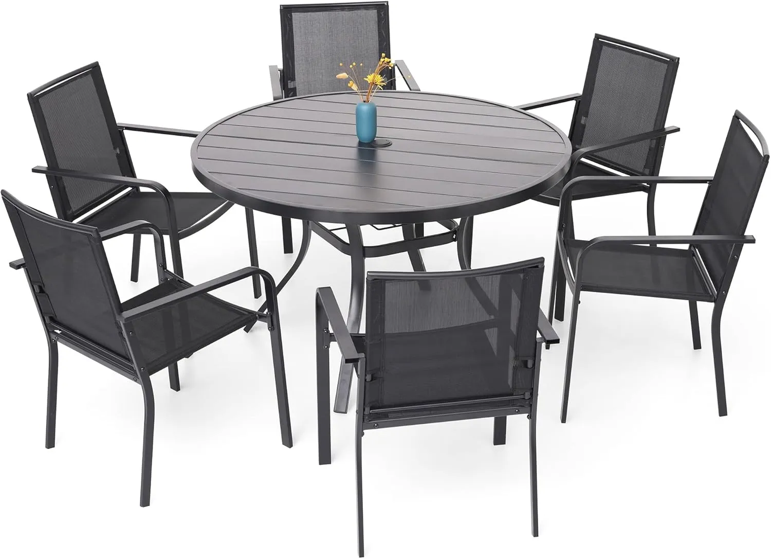 7-Piece Outdoor Patio Dining Set, 6 Stackable Chairs & 48-inch Round Weather-Resistant Table with Umbrella Hole for Lawn,Deck,Backyard,Black