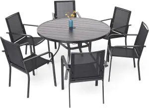 7-Piece Outdoor Patio Dining Set, 6 Stackable Chairs & 48-inch Round Weather-Resistant Table with Umbrella Hole for Lawn,Deck,Backyard,Black