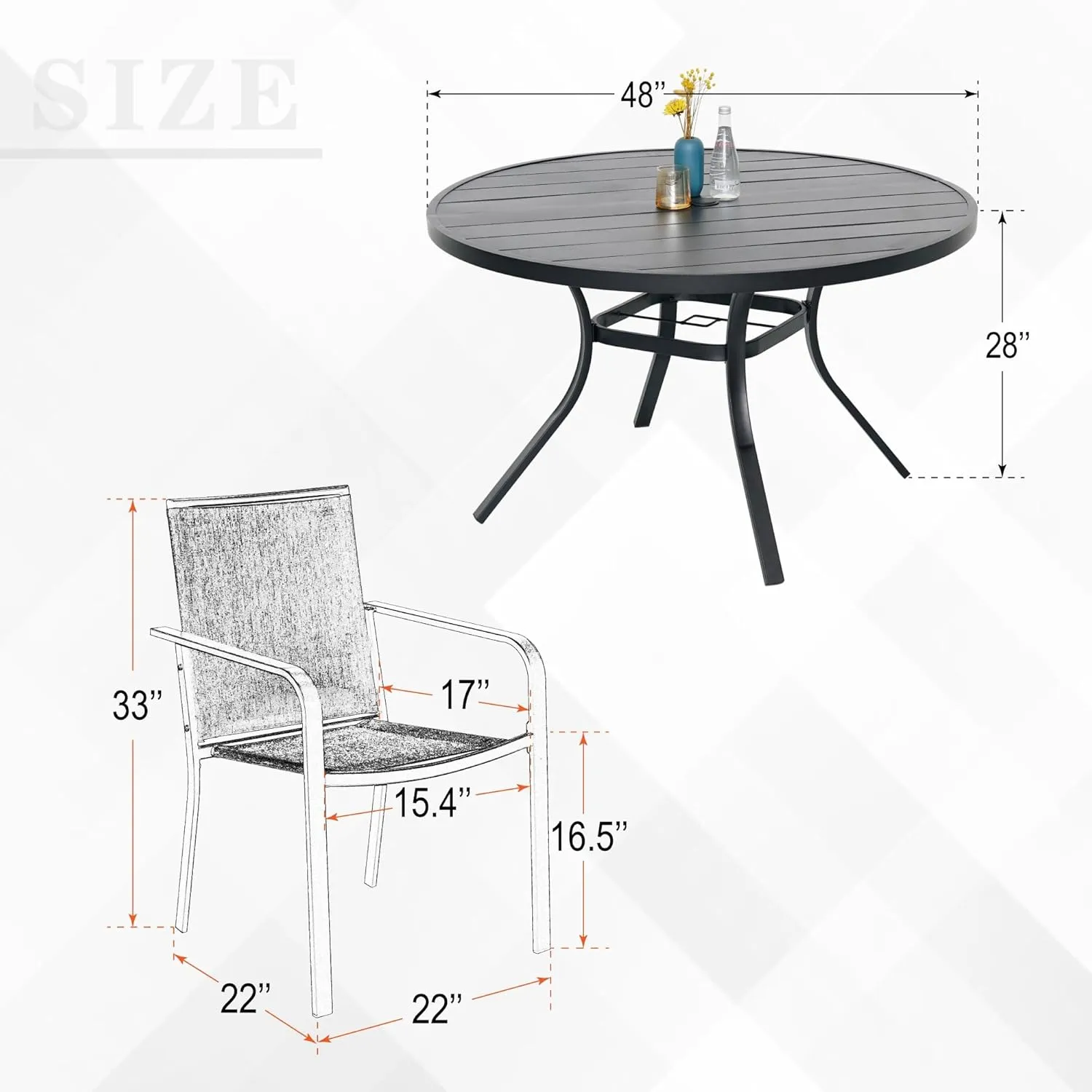 7-Piece Outdoor Patio Dining Set, 6 Stackable Chairs & 48-inch Round Weather-Resistant Table with Umbrella Hole for Lawn,Deck,Backyard,Black