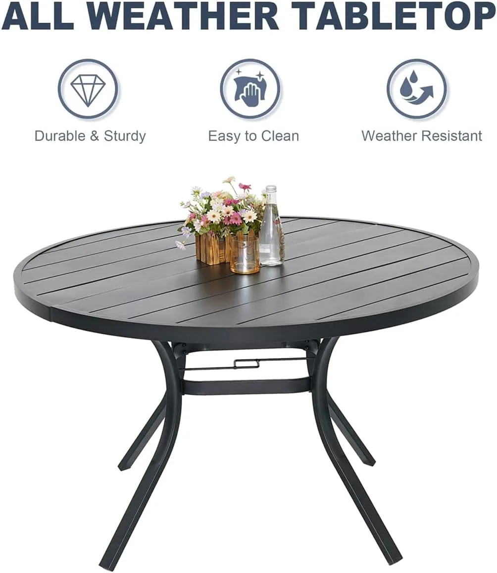 7-Piece Outdoor Patio Dining Set, 6 Stackable Chairs & 48-inch Round Weather-Resistant Table with Umbrella Hole for Lawn,Deck,Backyard,Black