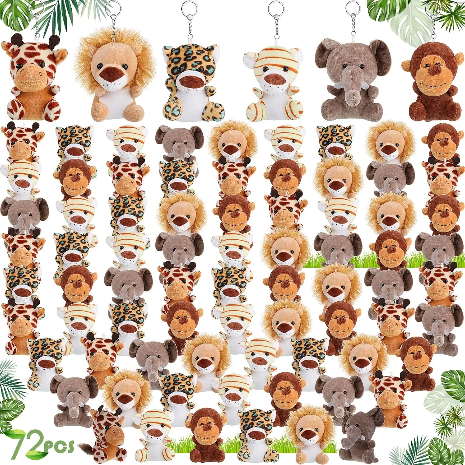 72 Bulk Mini Stuffed Jungle Forest Animal Plush Toys 4 Inch Safari Valentines Animals Gift Lion Tiger Monkey Elephant Giraffe Leopard Keychain Decorations for Boys Girls Kids