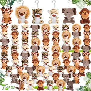 72 Bulk Mini Stuffed Jungle Forest Animal Plush Toys 4 Inch Safari Valentines Animals Gift Lion Tiger Monkey Elephant Giraffe Leopard Keychain Decorations for Boys Girls Kids
