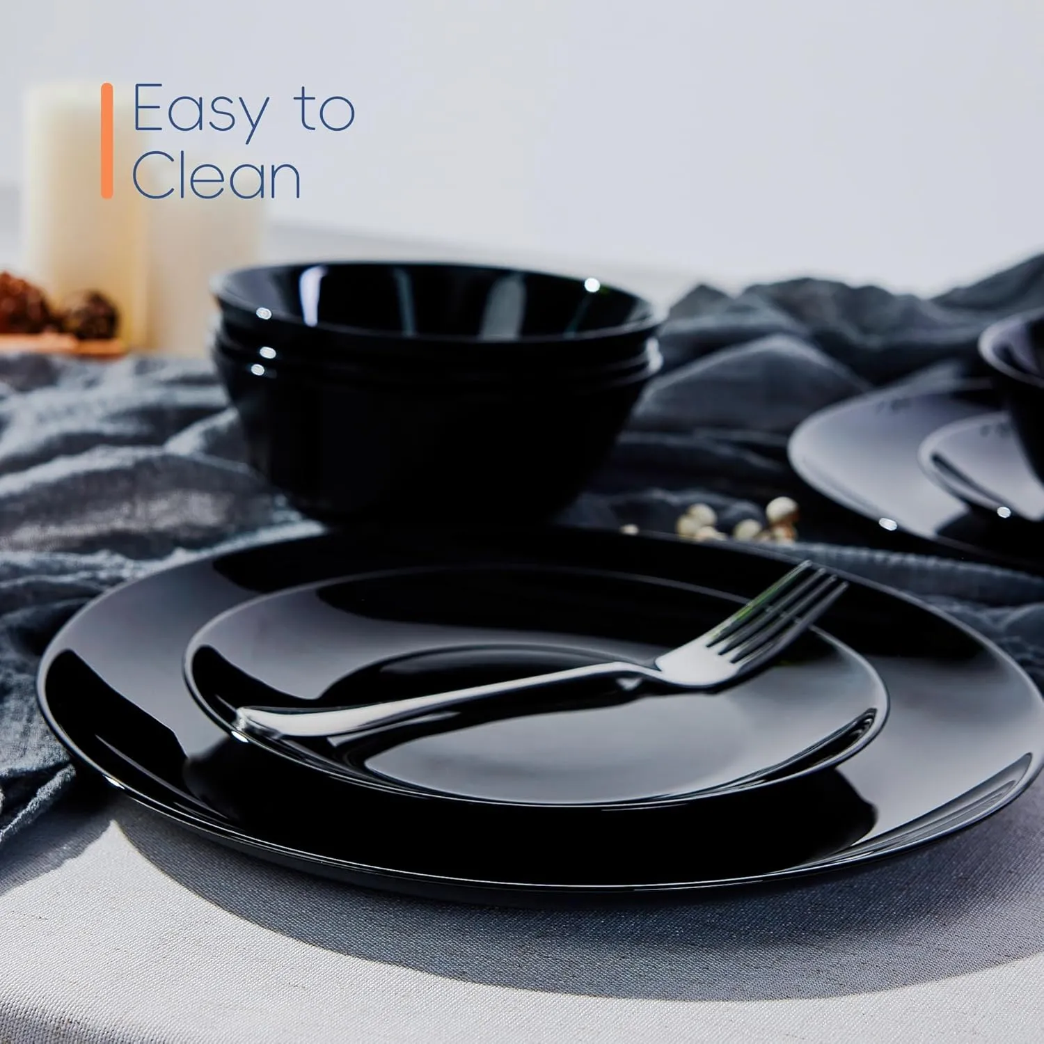7.5 inch Salad Appetizer Plate Set of 6, Lightweight Opal Glass Round Black Plates for Dessert Kitchen, Dishwasher and Microwave Safe