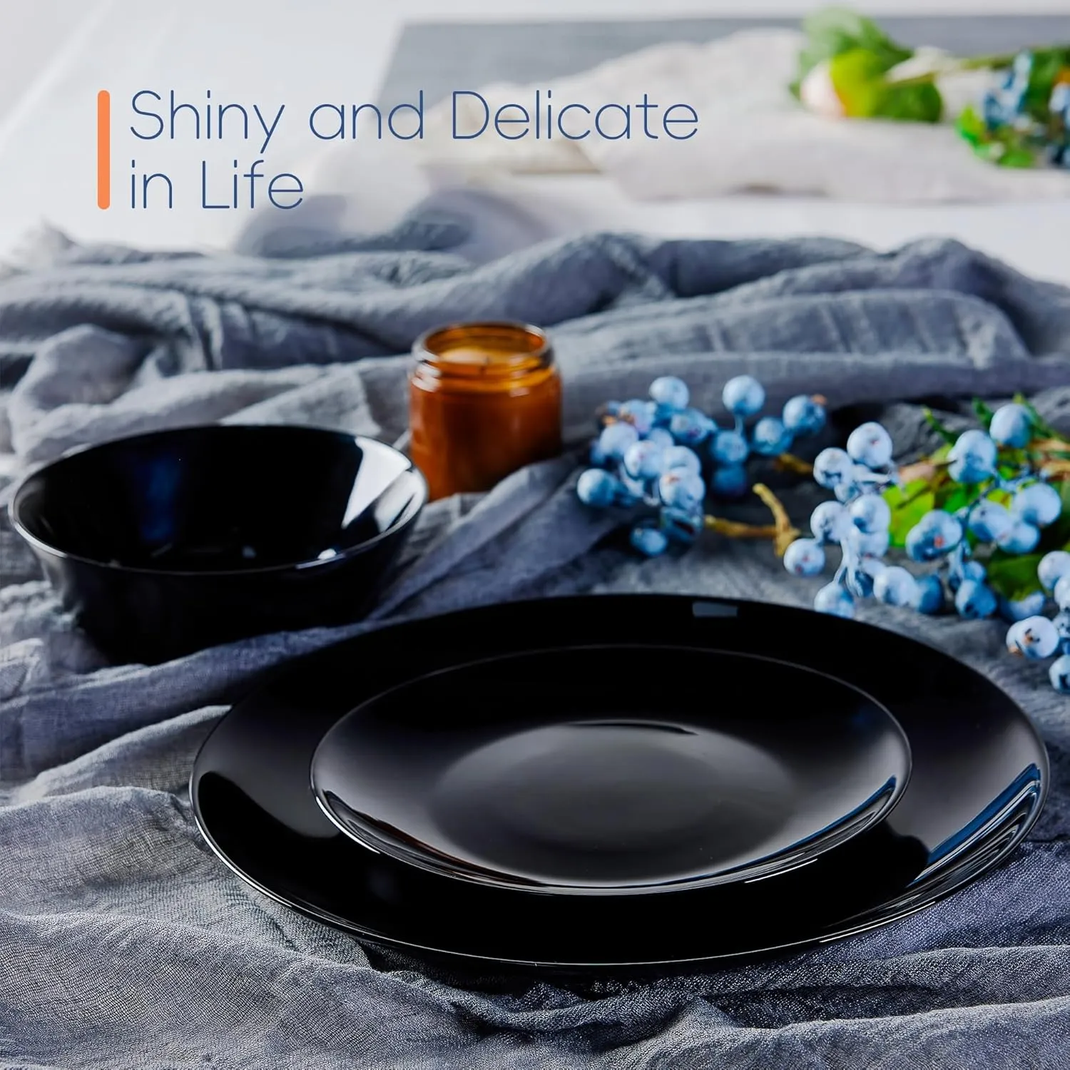 7.5 inch Salad Appetizer Plate Set of 6, Lightweight Opal Glass Round Black Plates for Dessert Kitchen, Dishwasher and Microwave Safe