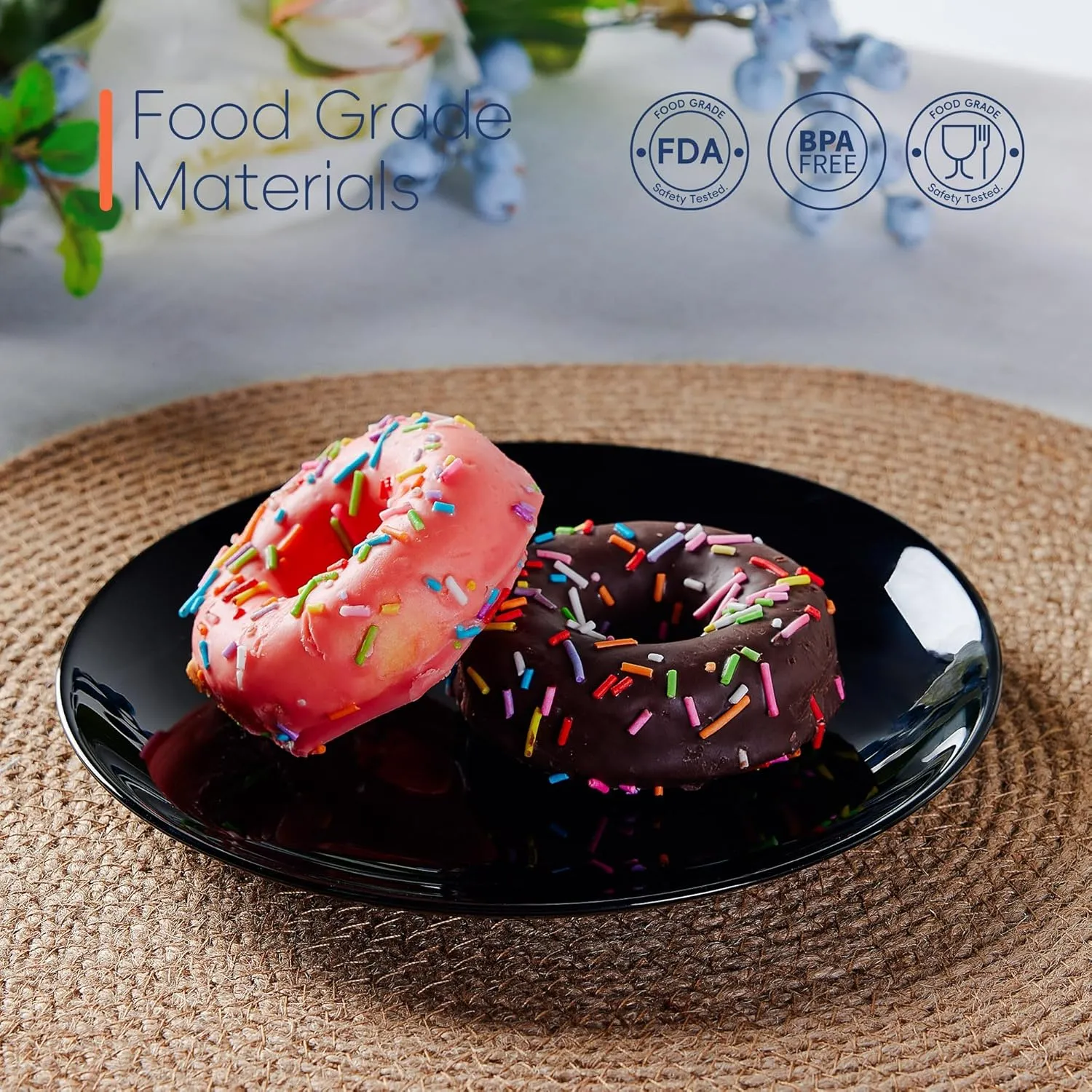 7.5 inch Salad Appetizer Plate Set of 6, Lightweight Opal Glass Round Black Plates for Dessert Kitchen, Dishwasher and Microwave Safe