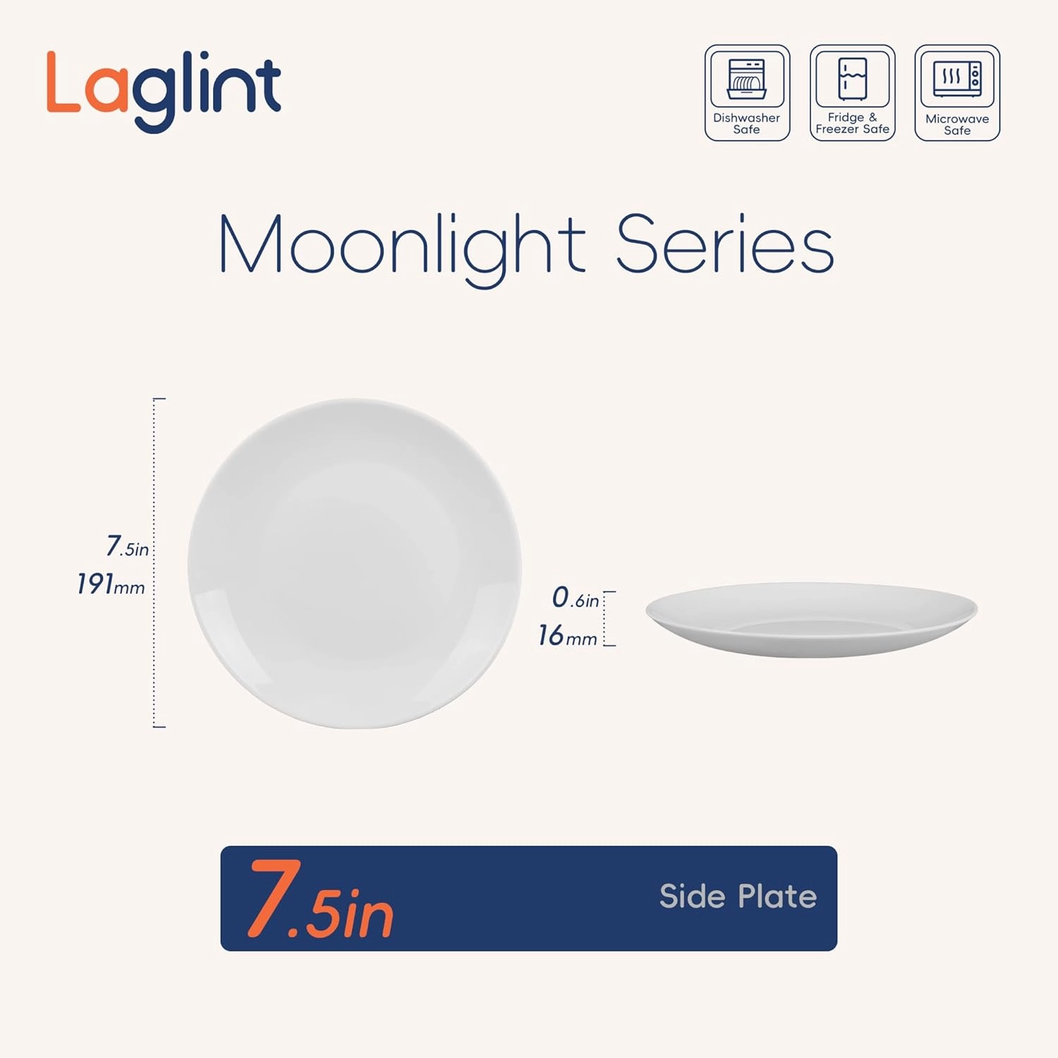 7.5 inch Salad Appetizer Plate Set of 6, Lightweight Opal Glass Round White Plates for Dessert Kitchen, Dishwasher and Microwave Safe