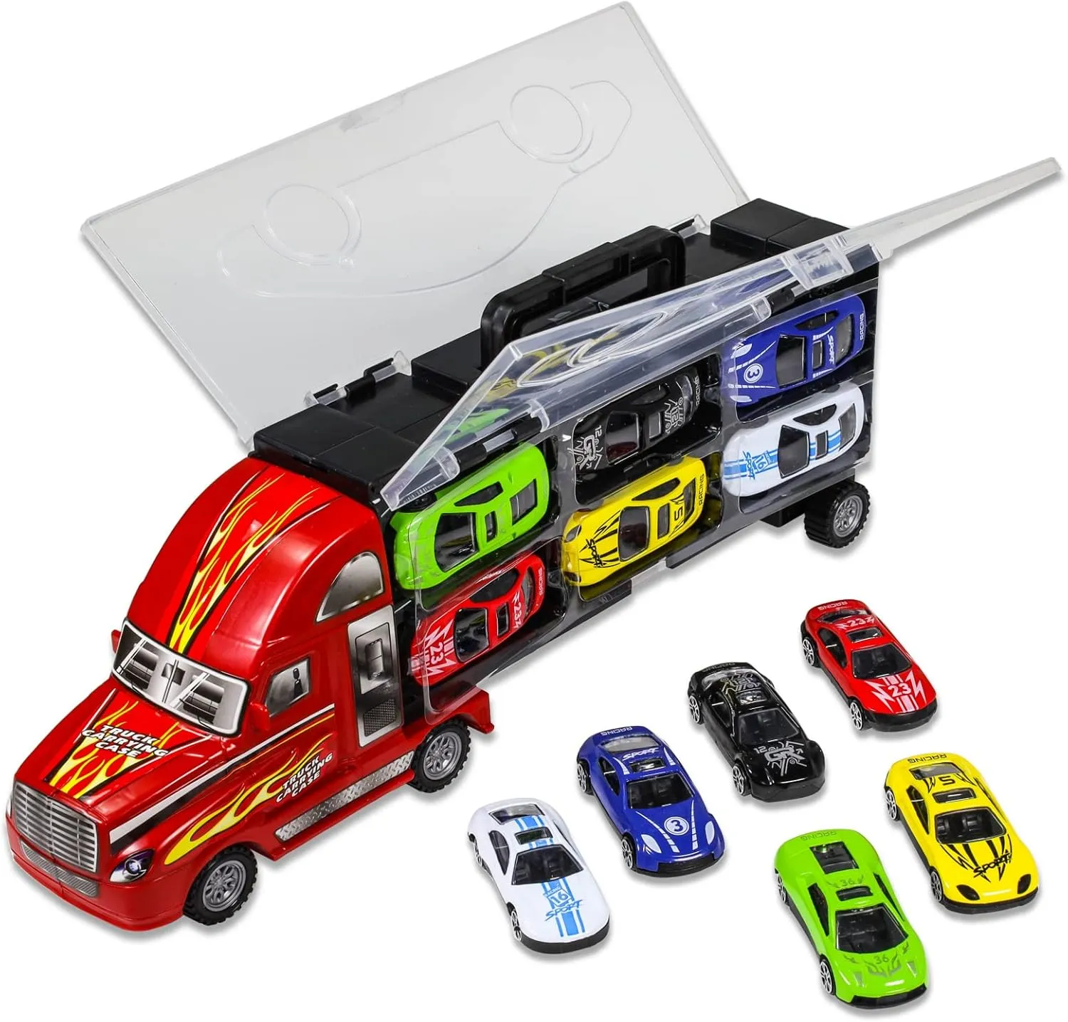 7pc Thunder Wheels Toy Truck Diecast Race Car Carrier Set