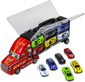 7pc Thunder Wheels Toy Truck Diecast Race Car Carrier Set