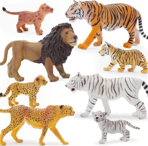 8 Pcs 2-5" Wild Life Animals Figure Playset, Realistic and Highly Detailed Tigers, Lions, Leopards Figurine with Cubs, Durable for Education and Fun Play, Perfect for Kids, Wild Animal Cake Toppers