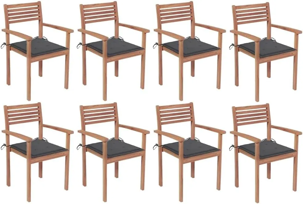 8 Pcs Stackable Patio Chairs with Anthracite Cushions Solid Teak Wood Outdoor Dining Chairs for Backyard Garden Deck