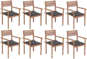 8 Pcs Stackable Patio Chairs with Anthracite Cushions Solid Teak Wood Outdoor Dining Chairs for Backyard Garden Deck