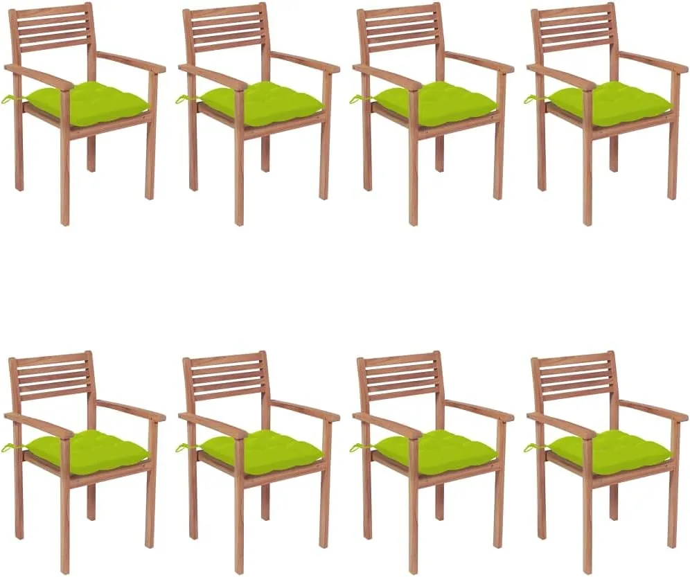 8-Piece Stackable Teak Wood Patio Chairs with Bright Green Cushions, Outdoor Furniture Set for Poolside Backyard Garden Lounge and Beach Camping