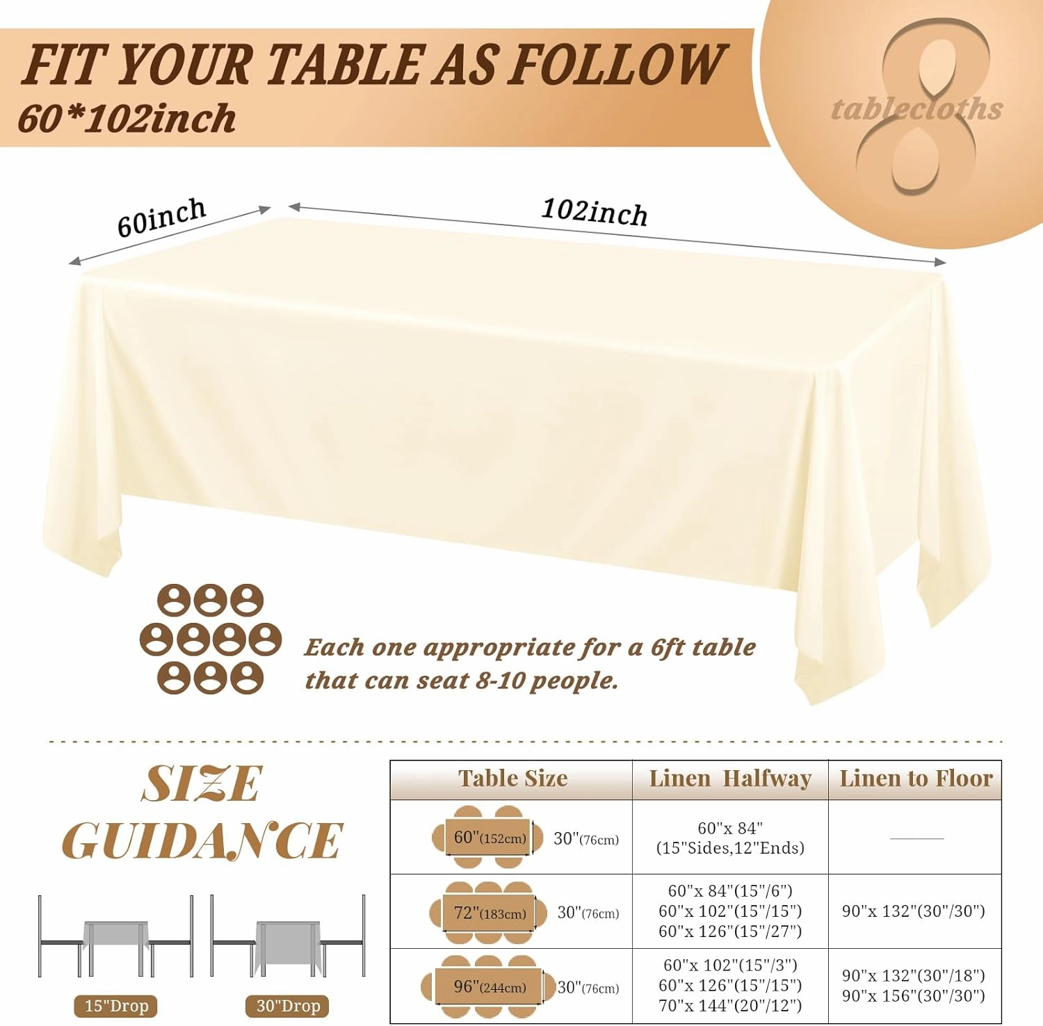 8 Pack 60 x 102 Inch Rectangle Tablecloth, Beige Tablecloth for 6 Feet Rectangle Tables, Stain and Wrinkle Resistant Washable Fabric Table Cloth for Wedding Dining Table Buffet Parties Camping