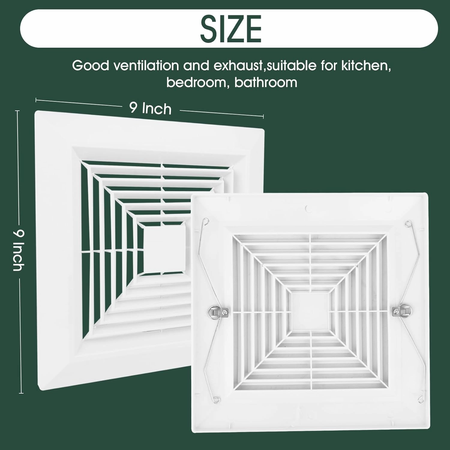 ( 2 Piece 9" x 9"Inch Bathroom Exhaust Fan Cover with Spring, Square Ceiling or Wall Mounted Exhaust Fan, Ceiling Fan, Grille, Air Diffuser, Diverter Ventilation Hood, Replacement Accessories