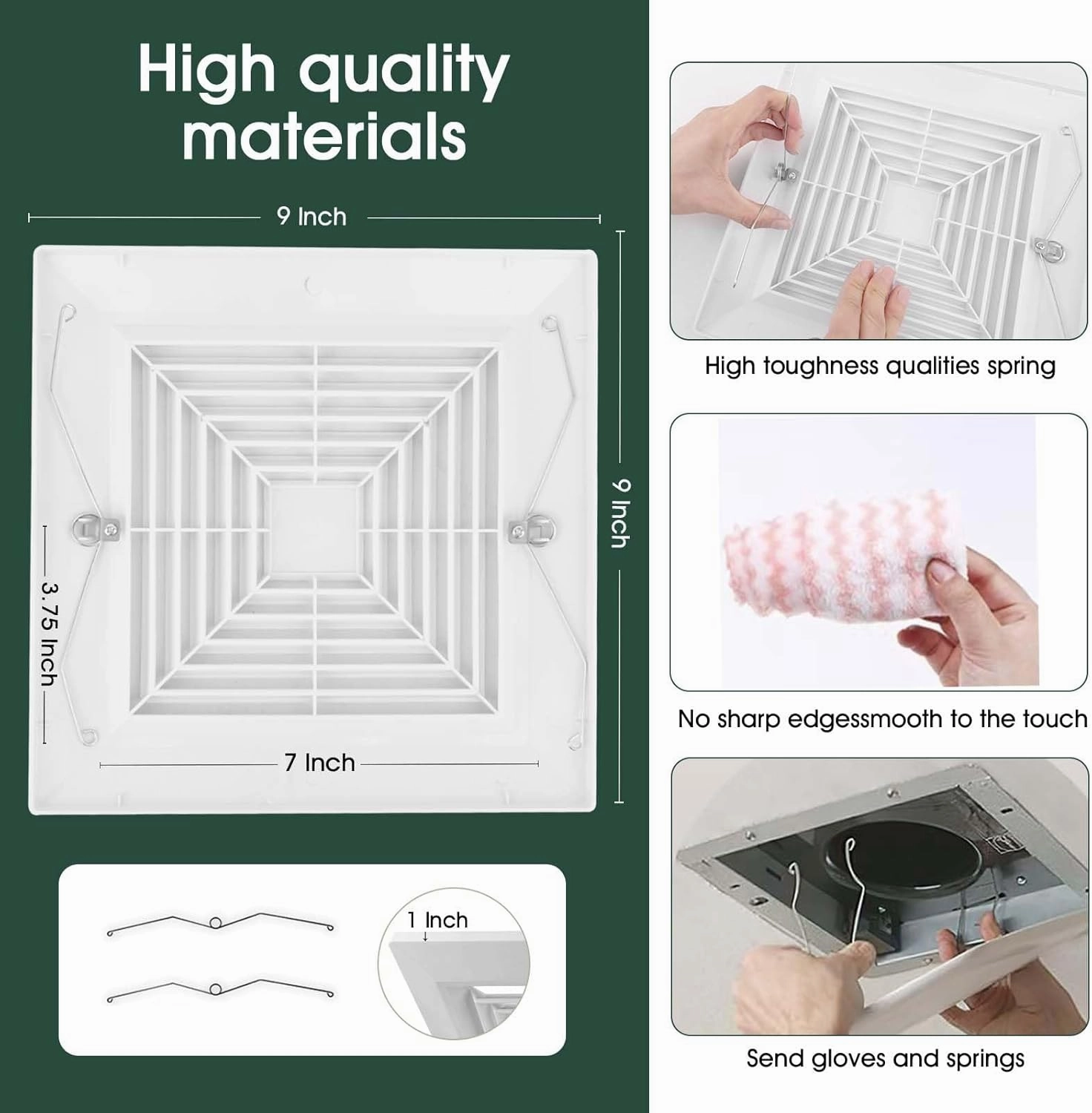 ( 2 Piece 9" x 9"Inch Bathroom Exhaust Fan Cover with Spring, Square Ceiling or Wall Mounted Exhaust Fan, Ceiling Fan, Grille, Air Diffuser, Diverter Ventilation Hood, Replacement Accessories