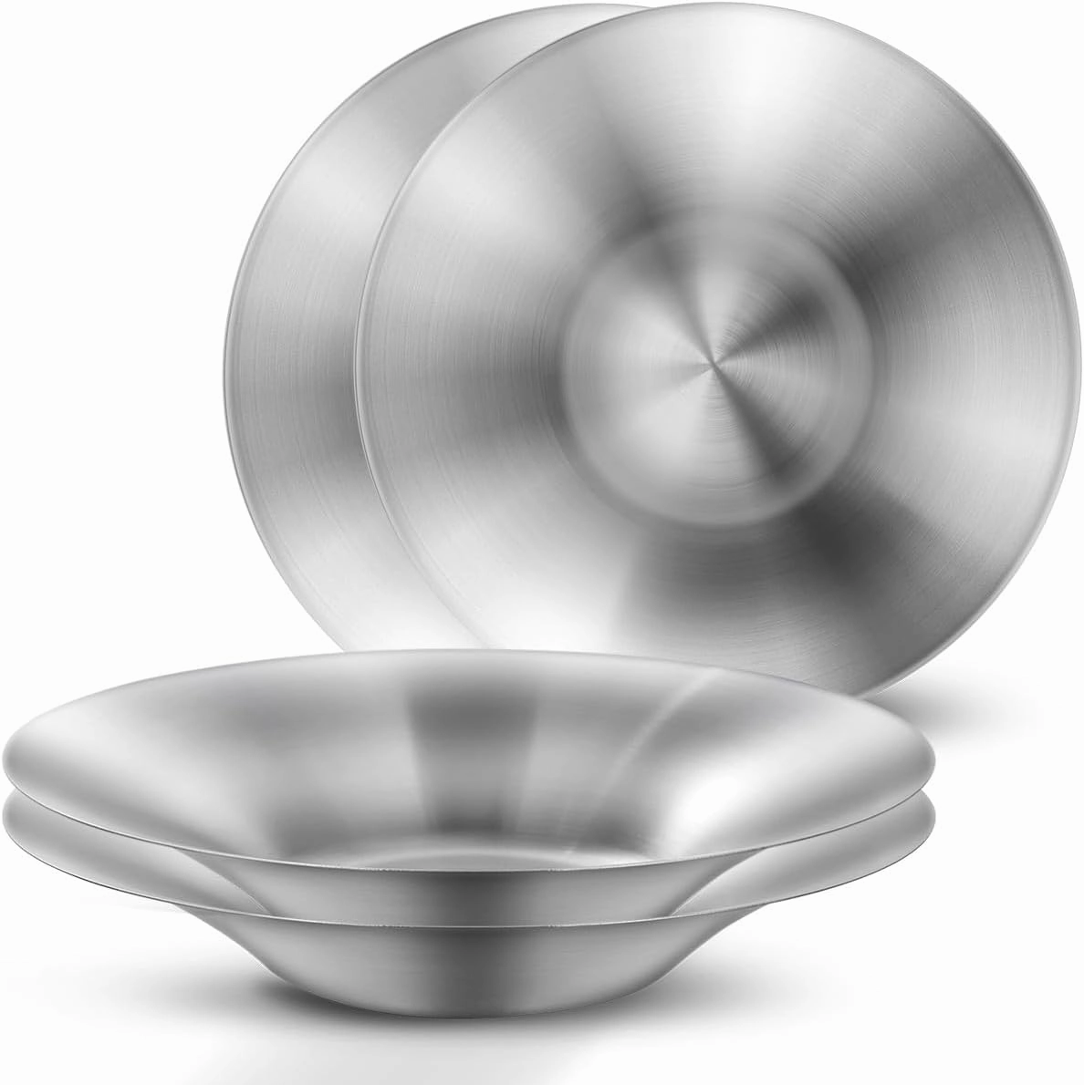 A Set of 4 Stainless Steel Dinner Plates, Salad Bowls, Spaghetti Serving Platters, Buffet Party Pans, Catering Trays, Classic Brushed Finish, Great for Both Hot & Cold Dishes (4)