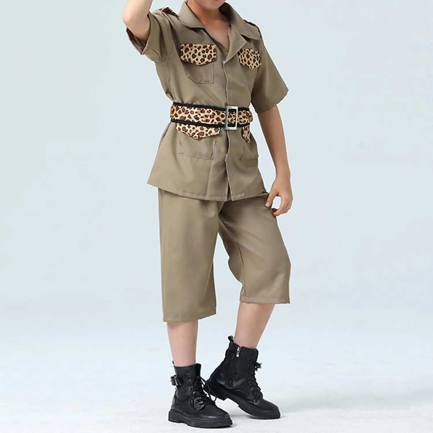 ABAFIP Kids Boys Safari Explorer Outfits Leopard Short Sleeve Shirt Top Short with Belt Jungle Zoo Clothes