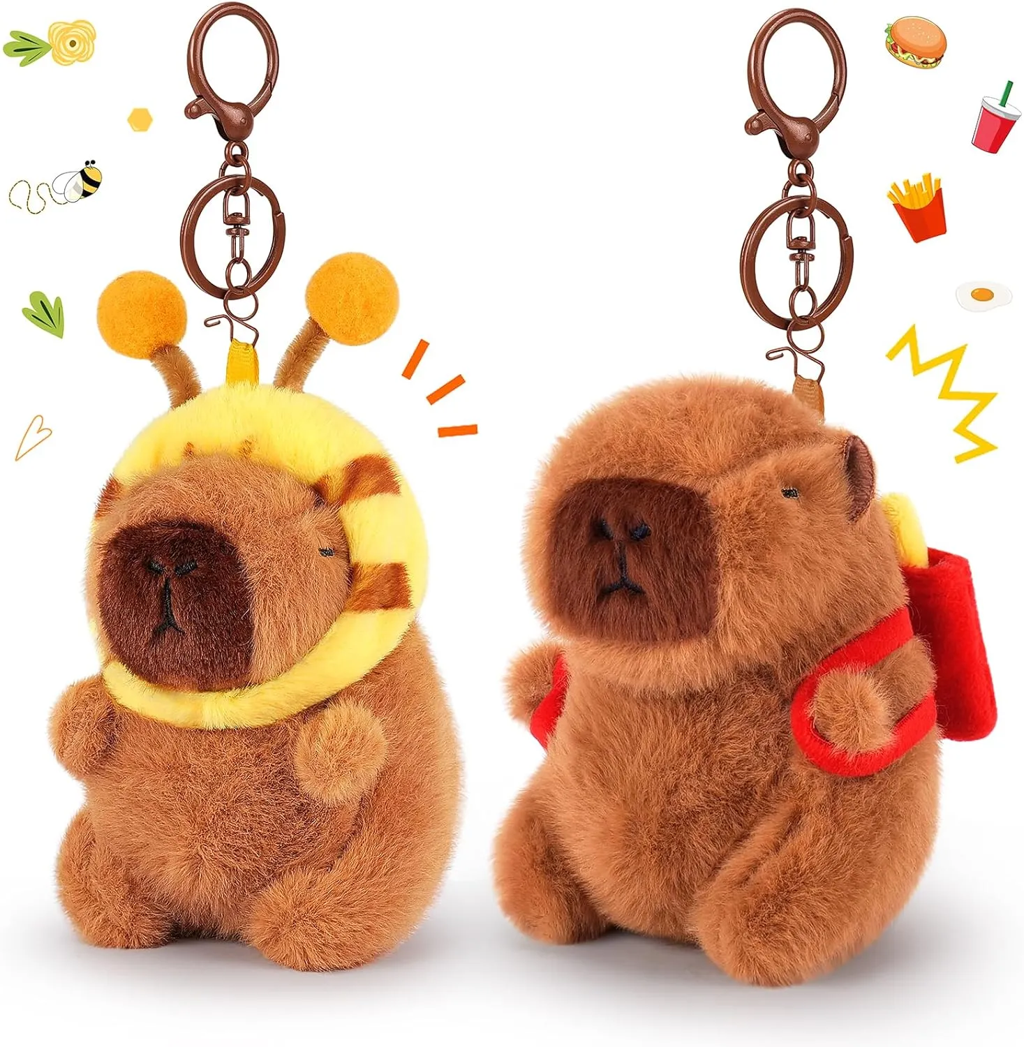 Achwishap 2PCS Capybara Plush Keychain,Cute Keychain Capybara Stuffed Animal,Soft Capybara Plush Toys Key Chain,Kawaii Plushie Stuffed Toys for Kids Adults(French Fries Backpack,Bee Hat)