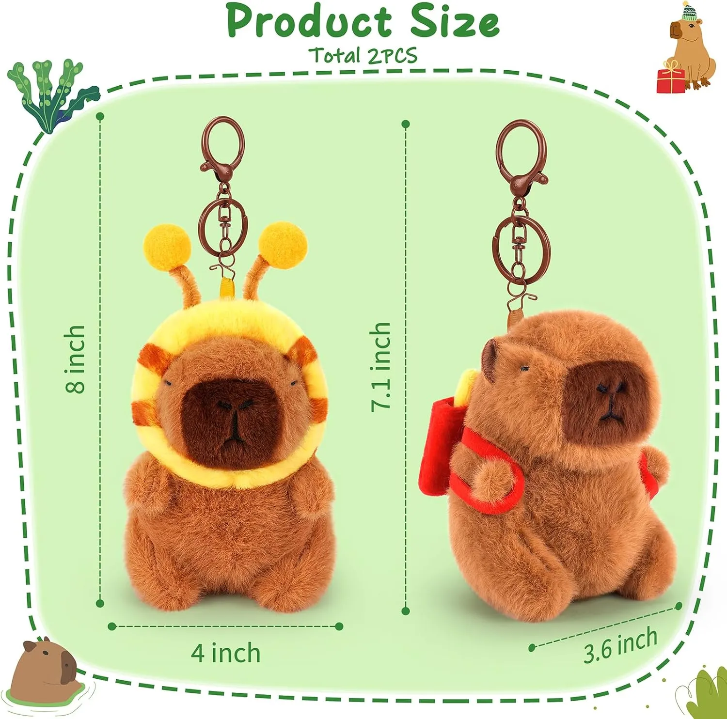 Achwishap 2PCS Capybara Plush Keychain,Cute Keychain Capybara Stuffed Animal,Soft Capybara Plush Toys Key Chain,Kawaii Plushie Stuffed Toys for Kids Adults(French Fries Backpack,Bee Hat)