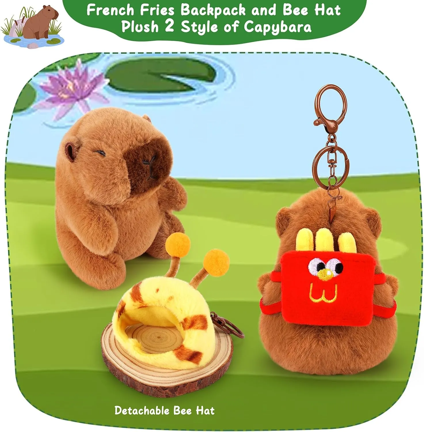 Achwishap 2PCS Capybara Plush Keychain,Cute Keychain Capybara Stuffed Animal,Soft Capybara Plush Toys Key Chain,Kawaii Plushie Stuffed Toys for Kids Adults(French Fries Backpack,Bee Hat)