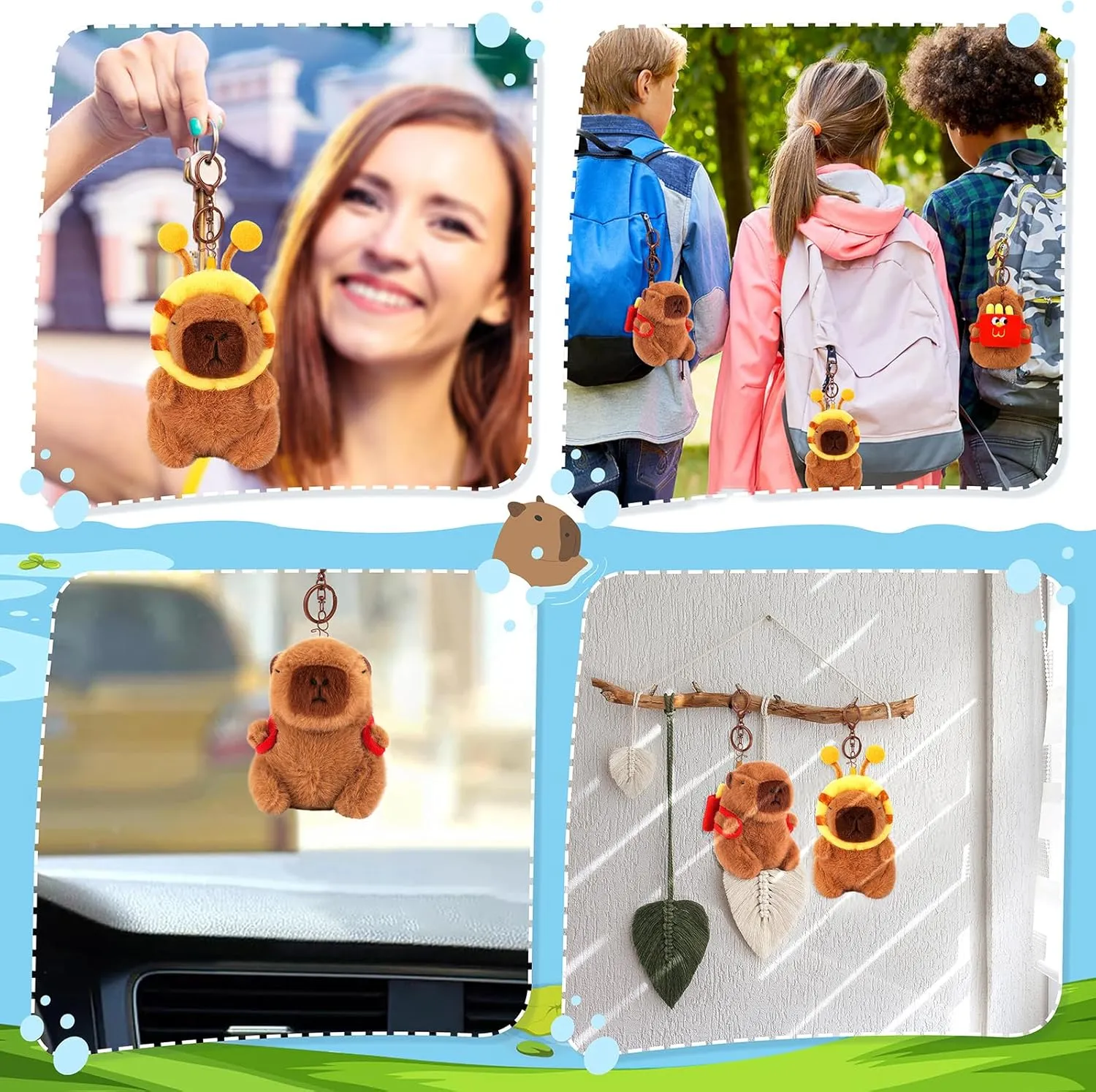 Achwishap 2PCS Capybara Plush Keychain,Cute Keychain Capybara Stuffed Animal,Soft Capybara Plush Toys Key Chain,Kawaii Plushie Stuffed Toys for Kids Adults(French Fries Backpack,Bee Hat)
