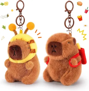 Achwishap 2PCS Capybara Plush Keychain,Cute Keychain Capybara Stuffed Animal,Soft Capybara Plush Toys Key Chain,Kawaii Plushie Stuffed Toys for Kids Adults(French Fries Backpack,Bee Hat)