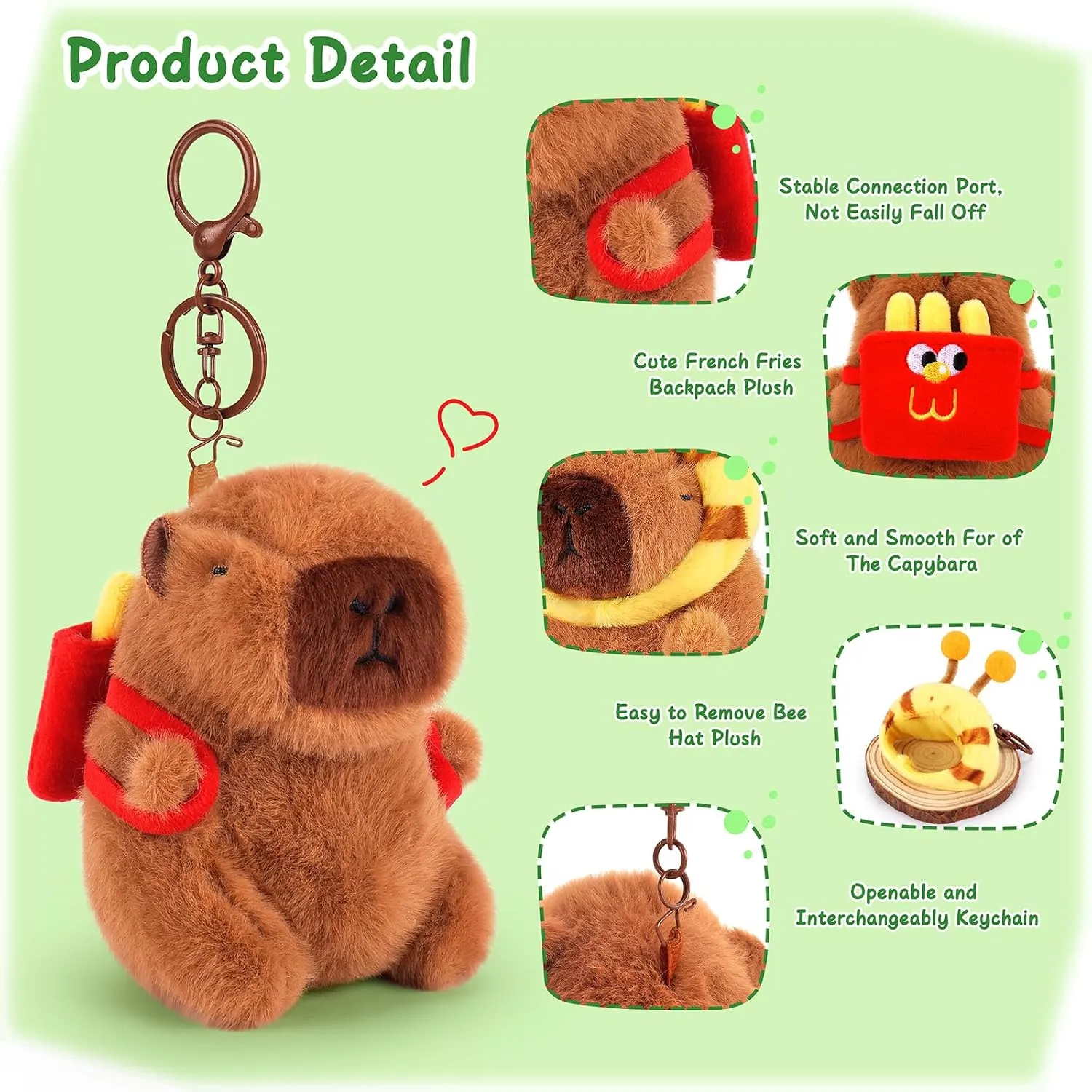 Achwishap 2PCS Capybara Plush Keychain,Cute Keychain Capybara Stuffed Animal,Soft Capybara Plush Toys Key Chain,Kawaii Plushie Stuffed Toys for Kids Adults(French Fries Backpack,Bee Hat)