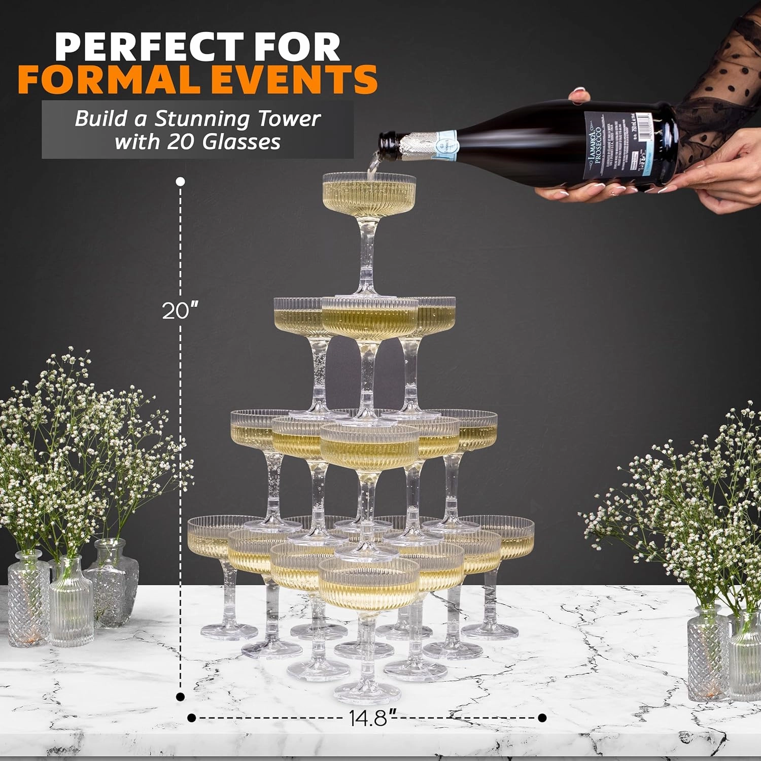 ACRYLIC Champagne Tower - 7oz. Set of 20 Plastic Coupe Glasses - Vintage Art Deco Style for Weddings & Parties - Hosting Essentials - Clear