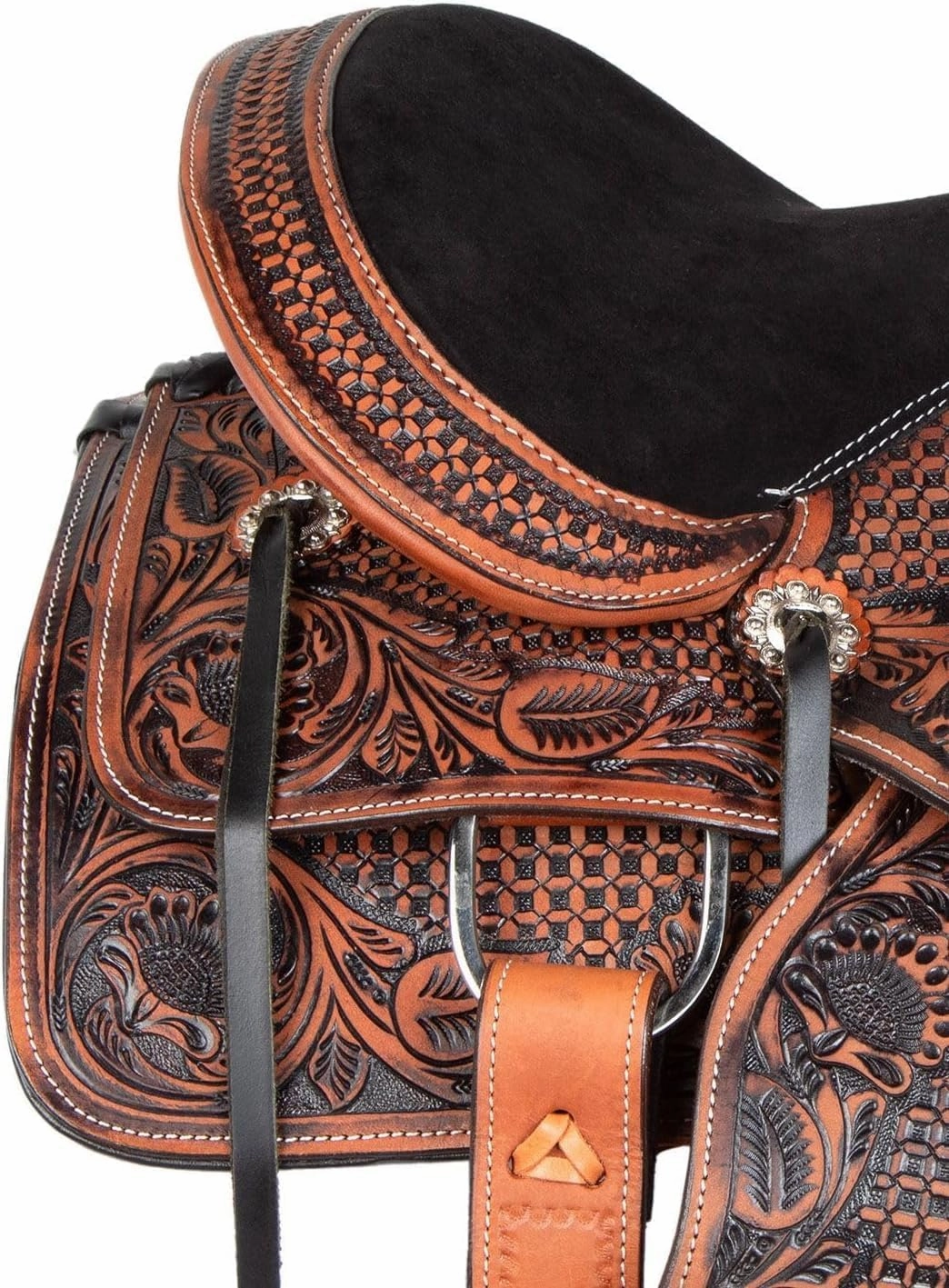 ADB CREATIONS Western Leather Horse Saddle, Hand Tooled Floral Design Seat 10"-18" Inch Seat