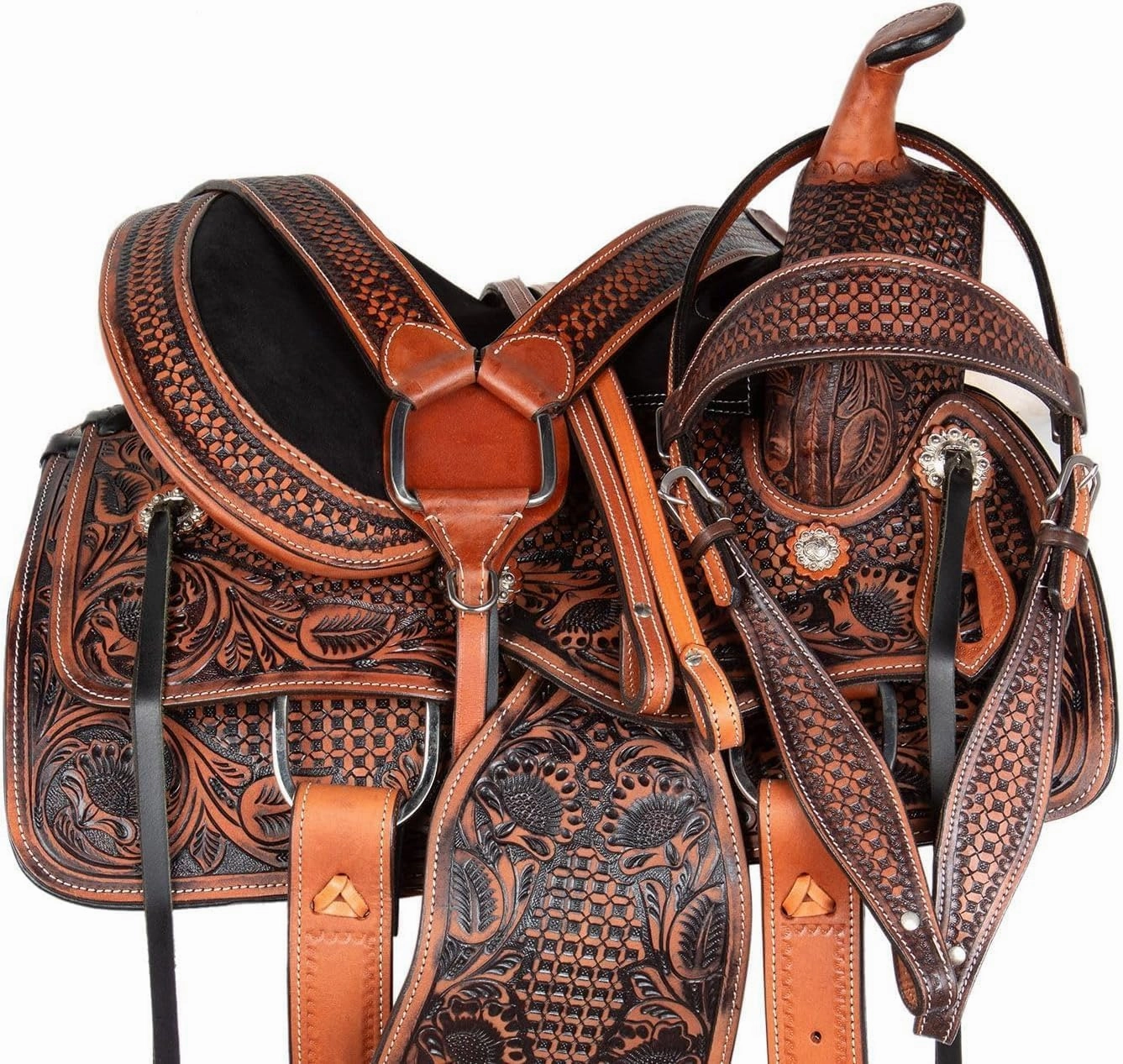 ADB CREATIONS Western Leather Horse Saddle, Hand Tooled Floral Design Seat 10"-18" Inch Seat