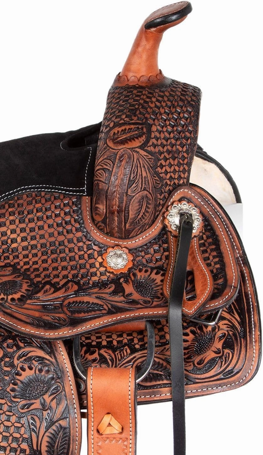 ADB CREATIONS Western Leather Horse Saddle, Hand Tooled Floral Design Seat 10"-18" Inch Seat