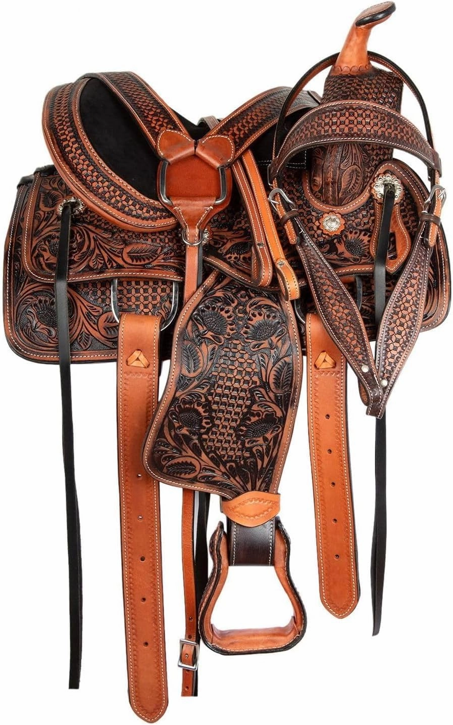 ADB CREATIONS Western Leather Horse Saddle, Hand Tooled Floral Design Seat 10"-18" Inch Seat
