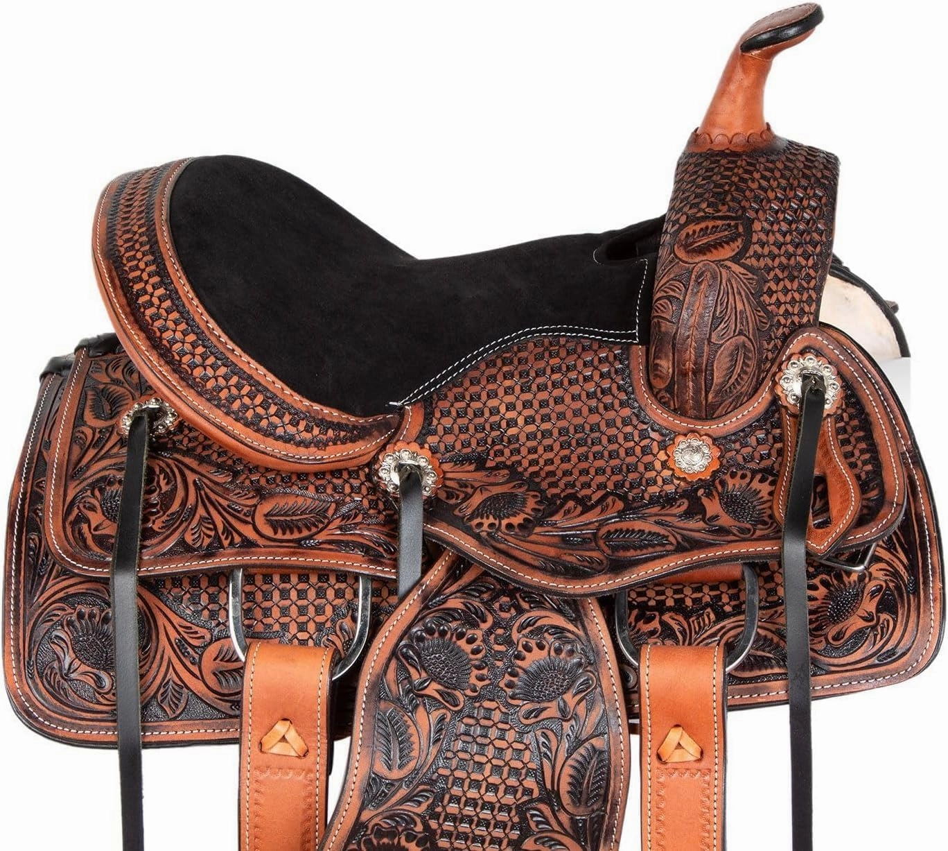 ADB CREATIONS Western Leather Horse Saddle, Hand Tooled Floral Design Seat 10"-18" Inch Seat