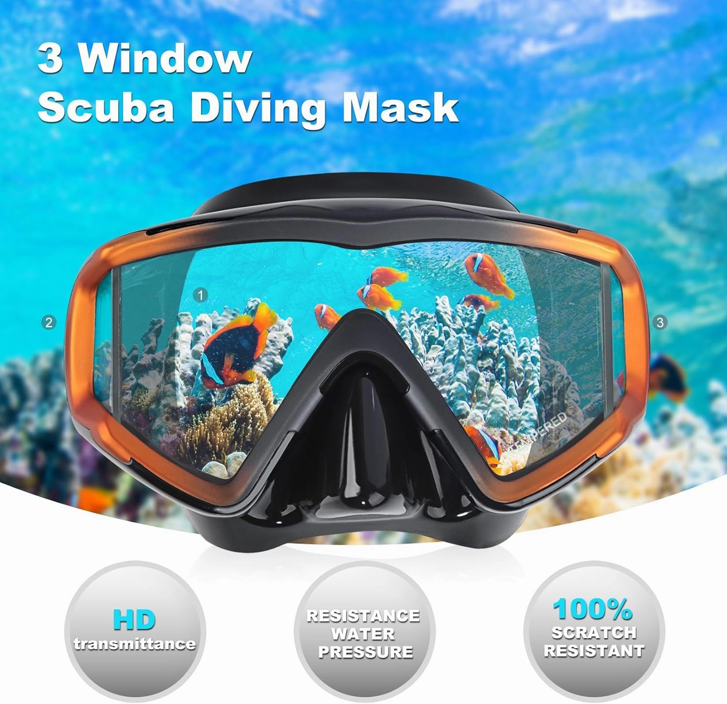 Adult Pano 3 Scuba Diving Mask, Tempered Glass Snorkel Mask Anti-Fog Swim Mask No Leakage Swim Goggles with Nose Cover Snorkeling Gear for Snorkeling, Freediving, Swimming