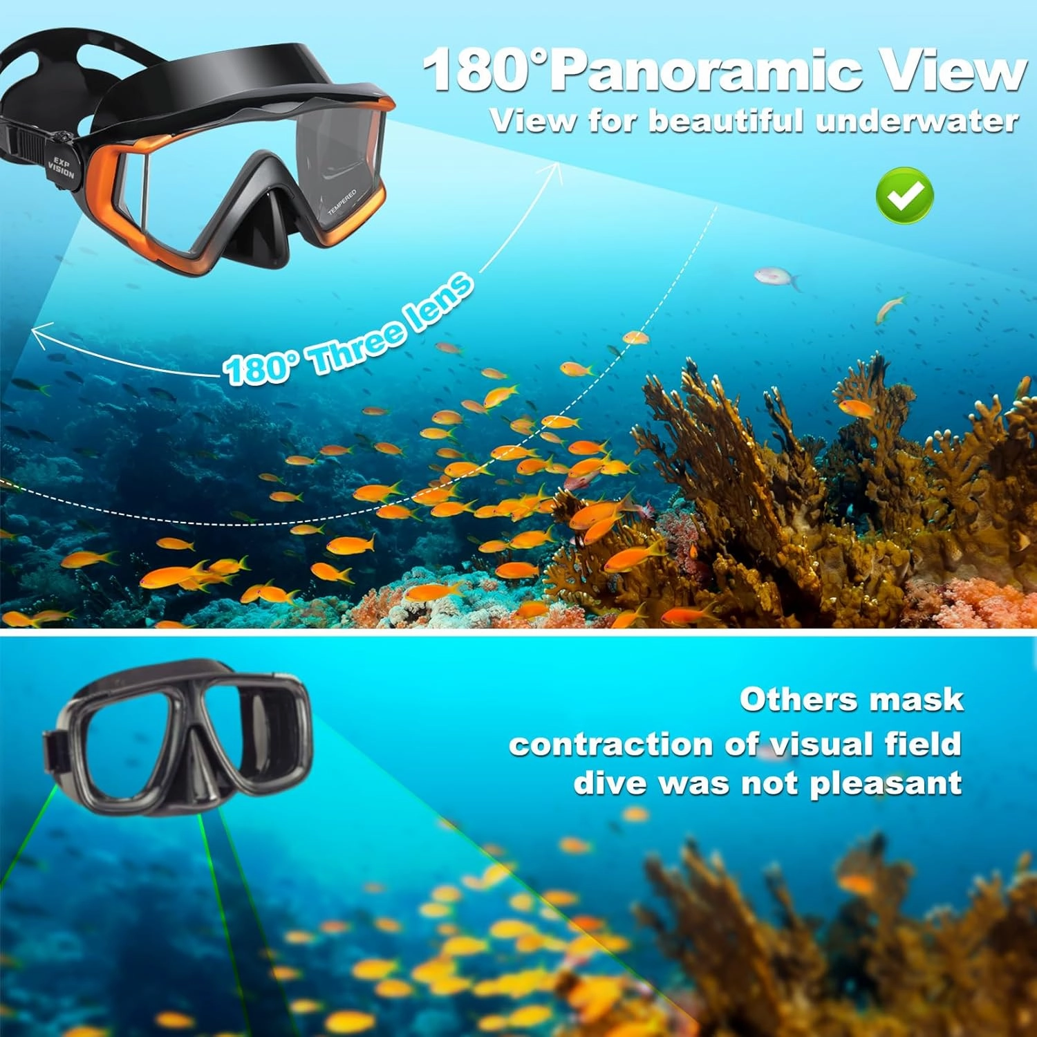 Adult Pano 3 Scuba Diving Mask, Tempered Glass Snorkel Mask Anti-Fog Swim Mask No Leakage Swim Goggles with Nose Cover Snorkeling Gear for Snorkeling, Freediving, Swimming