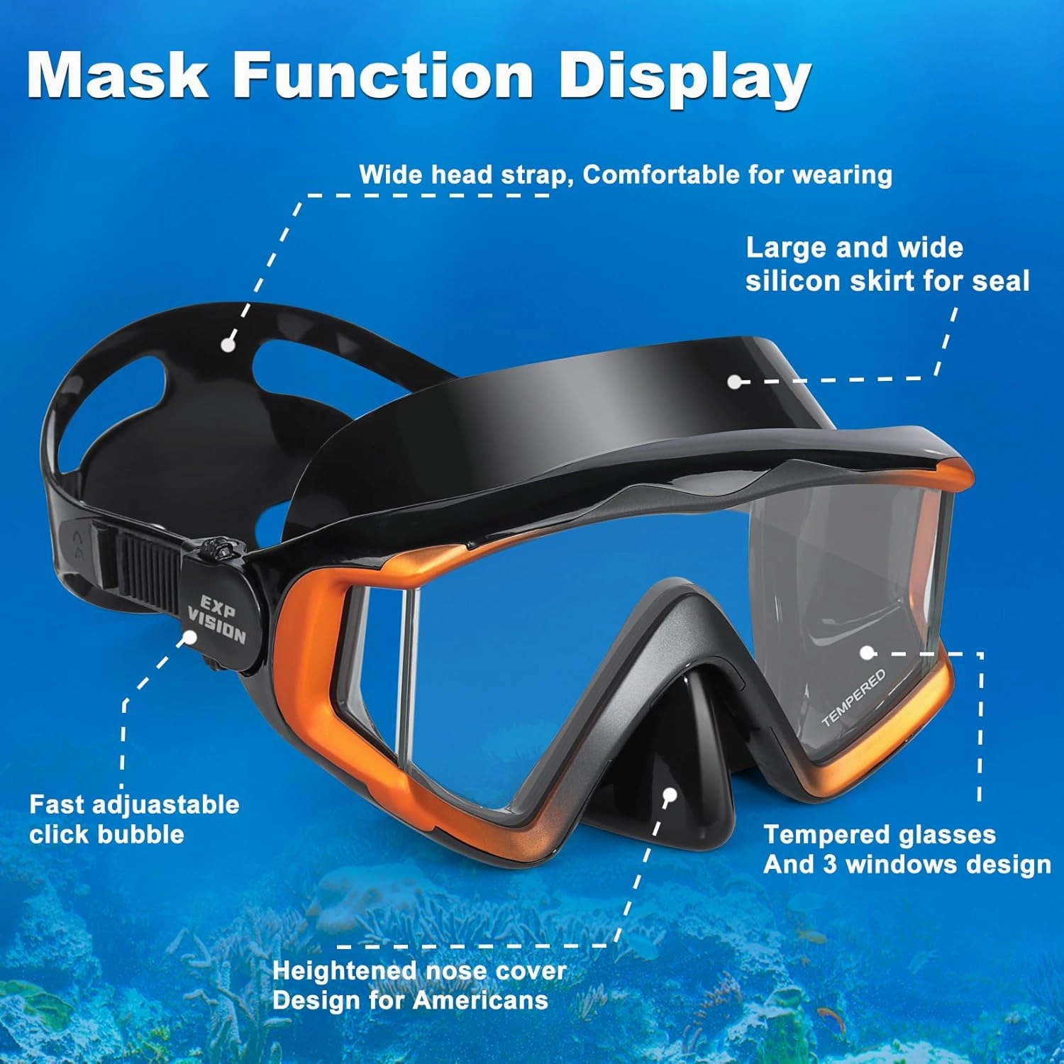 Adult Pano 3 Scuba Diving Mask, Tempered Glass Snorkel Mask Anti-Fog Swim Mask No Leakage Swim Goggles with Nose Cover Snorkeling Gear for Snorkeling, Freediving, Swimming