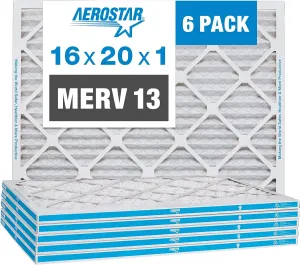 Aerostar 16x20x1 MERV 13 - 6 Count - Pleated HVAC, Furnace & Air Conditioner Filters - Removes Bacteria, Dust, Cold & Flu Germs, Lint, Mold, Pet Dander, Allergy-Causing Pollen, Smog, Smoke & Viruses