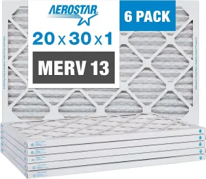 Aerostar 20x30x1 Air Filter MERV 13 (For Allergies, Dust, Lint, Mold, Pet Dander, Smoke, Smog & Bacteria) - Electrostatic MPR 1500 - 1900 & FPR 10 - Pleated HVAC AC Furnace Air Filters - Pack of 6