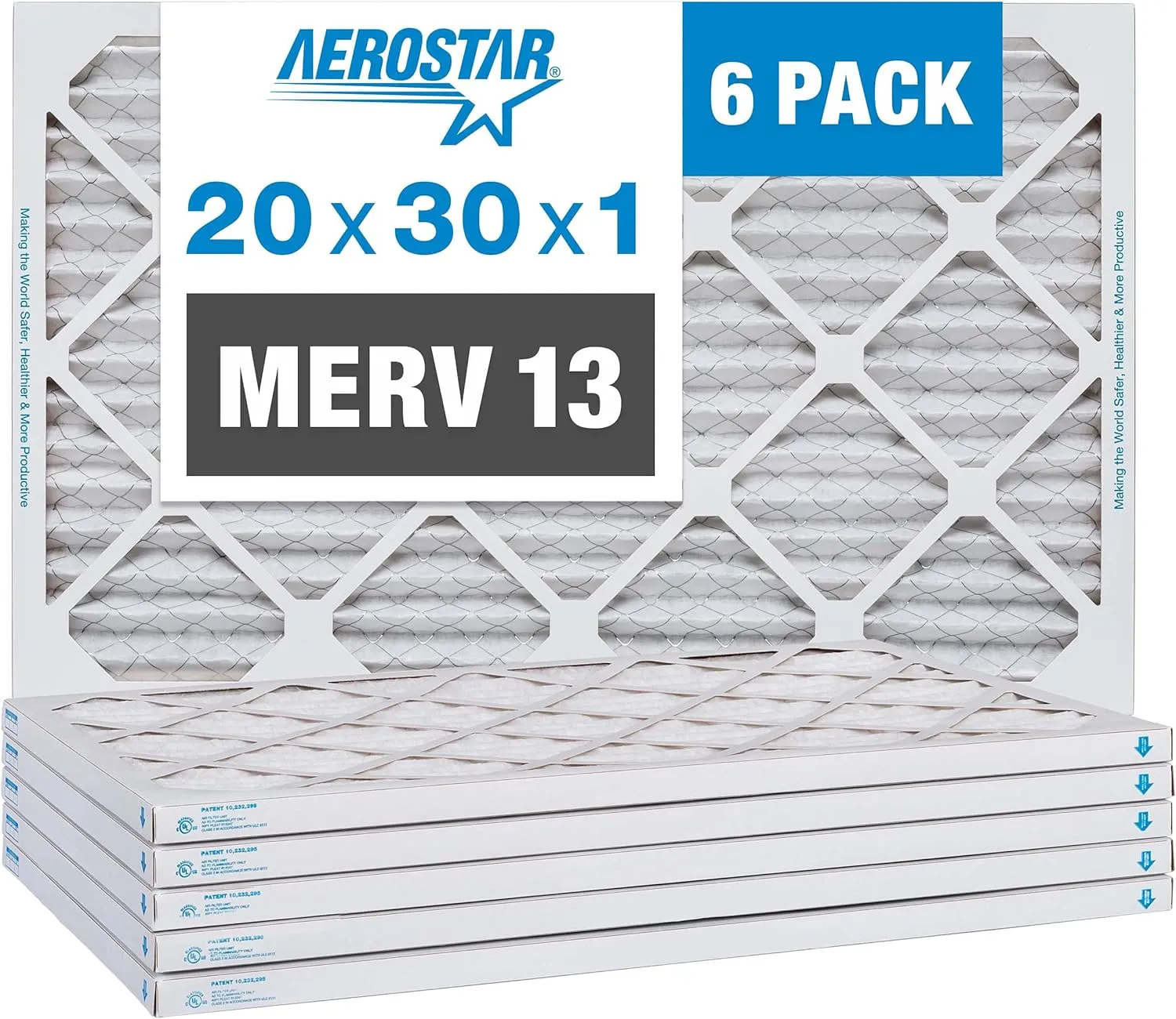Aerostar 20x30x1 Air Filter MERV 13 (For Allergies, Dust, Lint, Mold, Pet Dander, Smoke, Smog & Bacteria) - Electrostatic MPR 1500 - 1900 & FPR 10 - Pleated HVAC AC Furnace Air Filters - Pack of 6