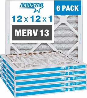 Aerostar 12x12x1 MERV 13 - 6 Count - Pleated HVAC, Furnace & Air Conditioner Filters - Removes Bacteria, Dust, Cold & Flu Germs, Lint, Mold, Pet Dander, Allergy-Causing Pollen, Smog, Smoke & Viruses