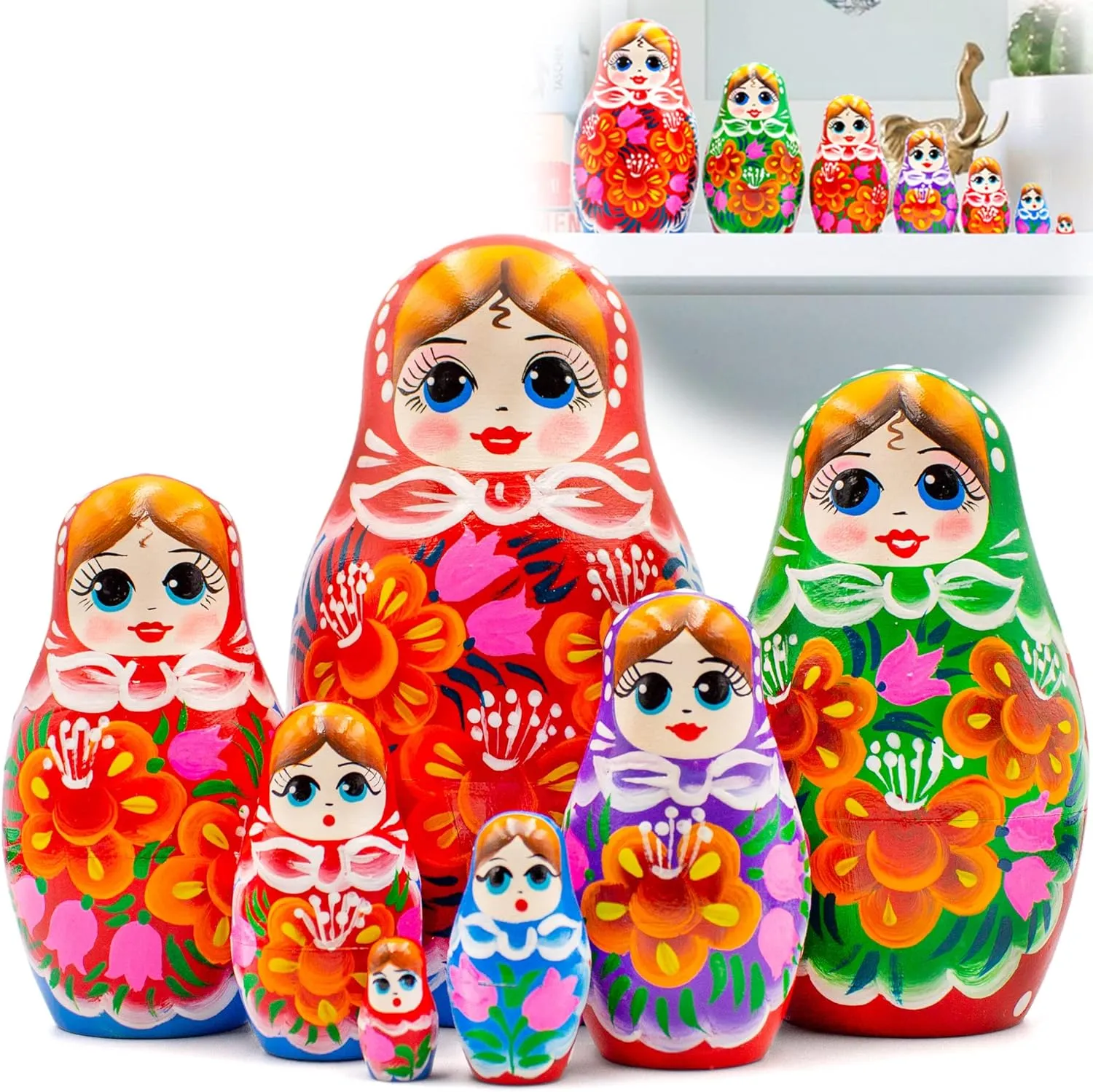 AEVVV Nesting Dolls Set of 7 pcs - Classic Russian Dolls in Sarafan Dress with Bouquet of Bellflowers and Lilies - Matryoshka Dolls with Flower Decorations