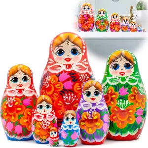 AEVVV Nesting Dolls Set of 7 pcs - Classic Russian Dolls in Sarafan Dress with Bouquet of Bellflowers and Lilies - Matryoshka Dolls with Flower Decorations