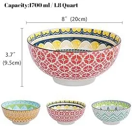 AHX arge Ceramic Serving Bowl Set - 8-InchColorful Porcelain Pasta Bowls - Perfect for Salad, Soup, Noodle, Ramen - Microwave and Dishwasher Safe - 57 oz (1400 ml)